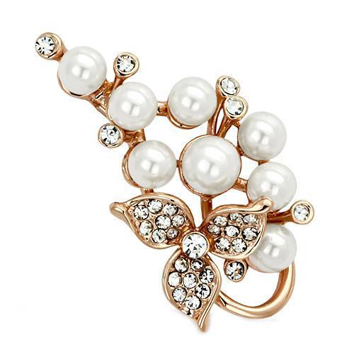 LO2853 Flash Rose Gold White Metal Brooch featuring a white synthetic pearl, elegantly designed for versatile styling.