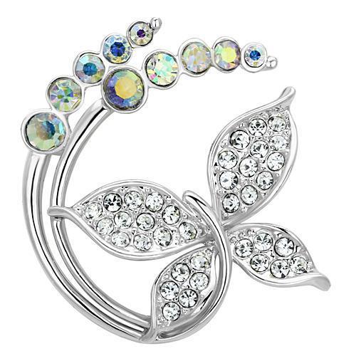 LO2860 Imitation Rhodium White Metal Brooch featuring a sparkling Top Grade Crystal with Aurora Borealis color effect.