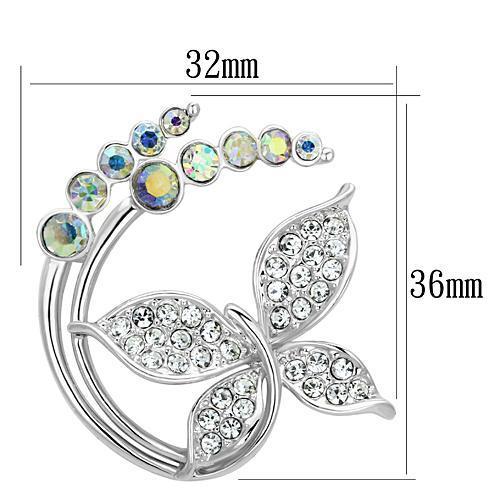 LO2860 Imitation Rhodium White Metal Brooch featuring a sparkling Top Grade Crystal with Aurora Borealis color effect.