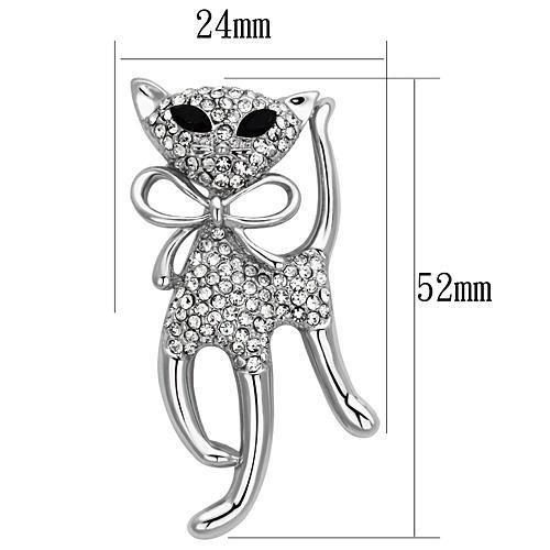 LO2900 Imitation Rhodium White Metal Brooch featuring a jet-colored top grade crystal centerpiece, elegantly designed for stylish wear.