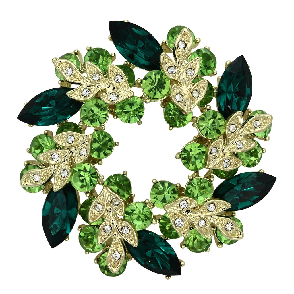 LO2918 Flash Gold White Metal Brooch featuring a vibrant emerald crystal centerpiece, elegantly designed for stylish accessorizing.