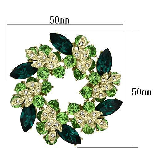 LO2918 Flash Gold White Metal Brooch featuring a vibrant emerald crystal centerpiece, elegantly designed for stylish accessorizing.