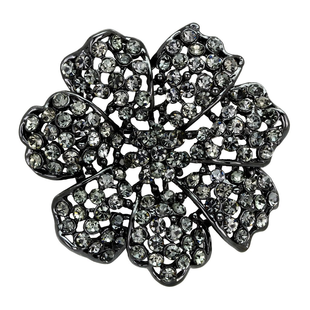Ruthenium white metal brooch featuring a black diamond crystal centerpiece, elegantly designed for versatile wear.