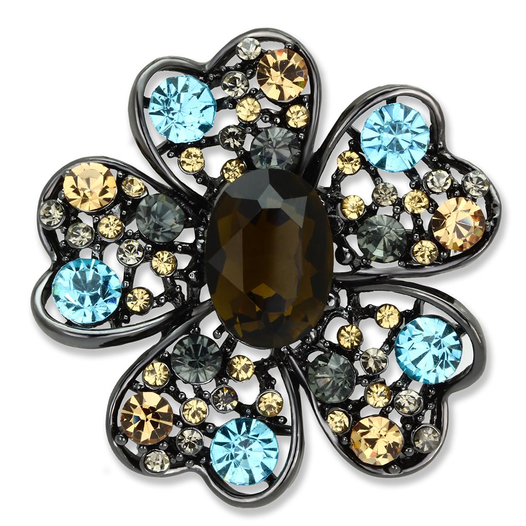 LO2926 Ruthenium White Metal Brooch featuring a brown synthetic glass center stone, elegantly designed for stylish accessorizing.
