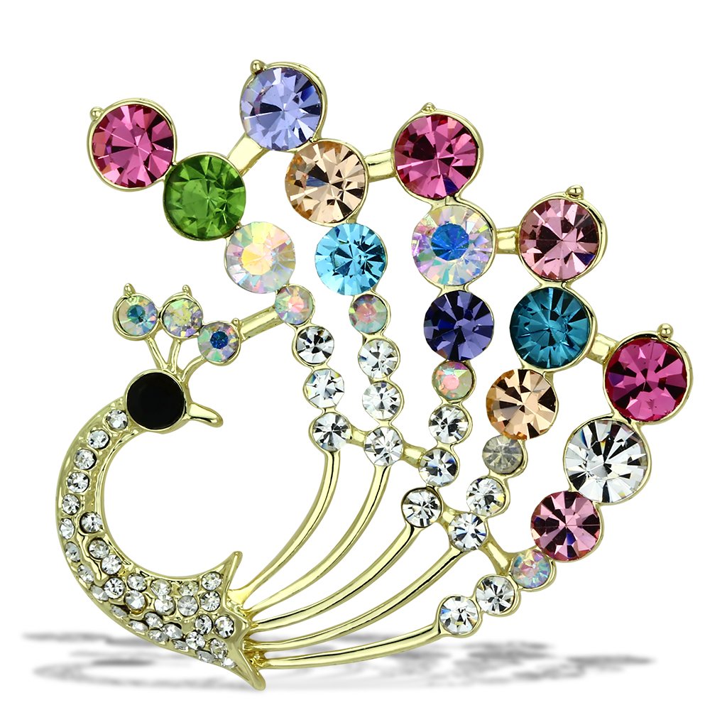 LO2931 Flash Gold White Metal Brooch featuring a multi-color top grade crystal, elegantly designed for versatile styling.