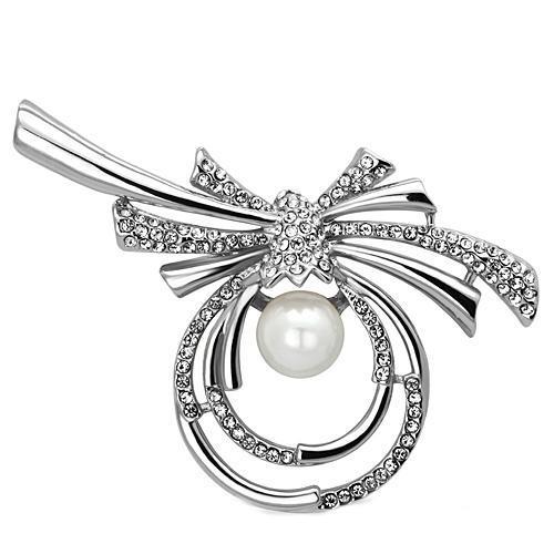 LO2938 Imitation Rhodium White Metal Brooch featuring a synthetic pearl, showcasing its elegant design and shiny finish.