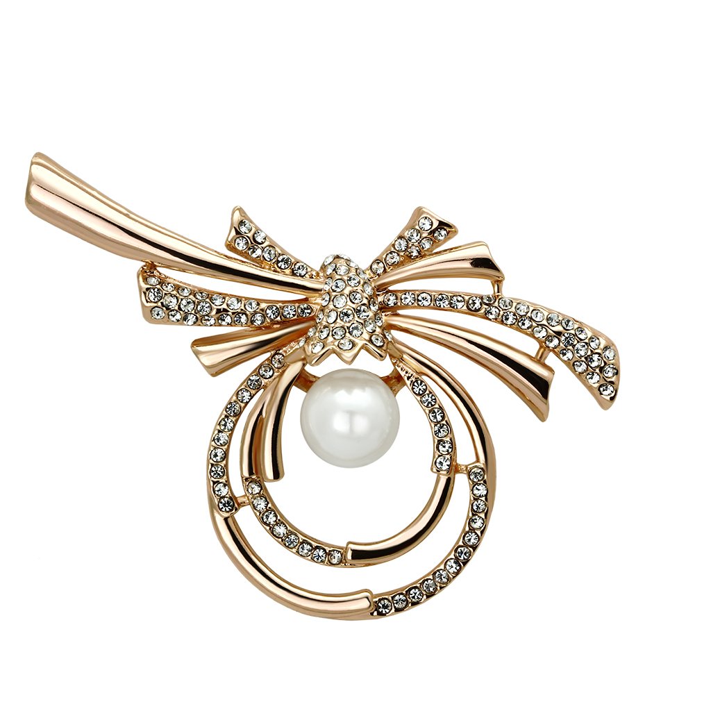 LO2939 Flash Rose Gold White Metal Brooch featuring a synthetic pearl at the center, showcasing elegance and style.