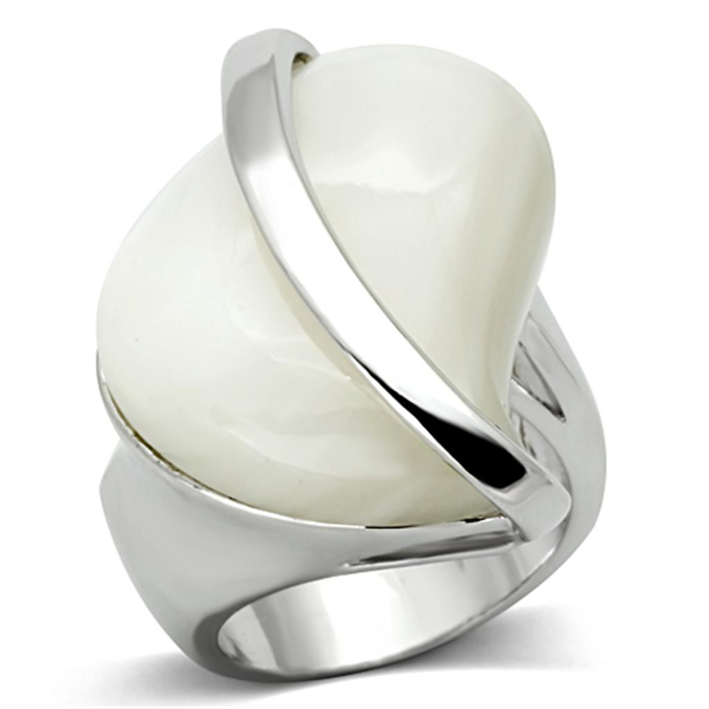 LO2944 Rhodium Brass Ring featuring a white synthetic stone, showcasing its elegant design and luxurious finish.