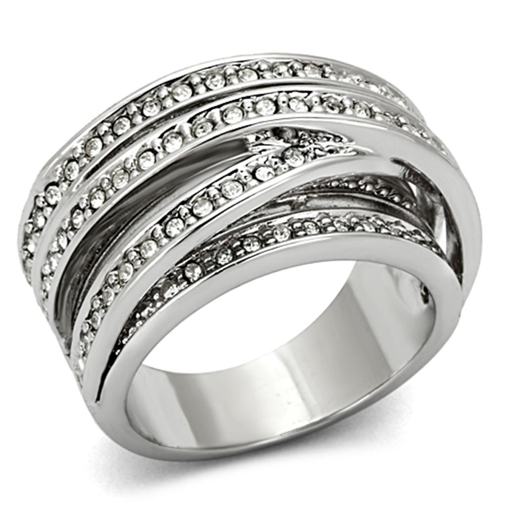 LO2995 Rhodium Brass Ring featuring a clear top grade crystal, showcasing its elegant design and shiny finish.