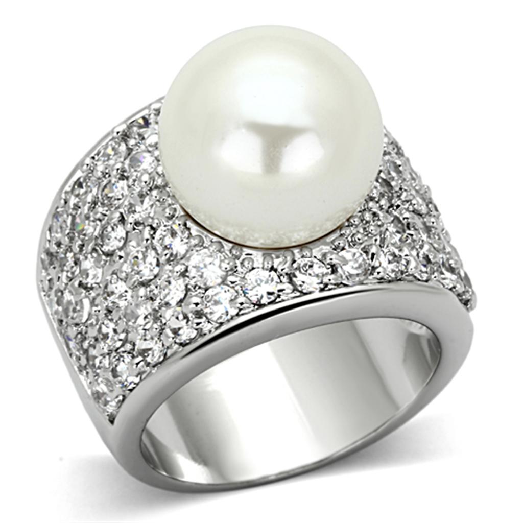 LO2951 Rhodium Brass Ring featuring a synthetic white pearl, showcasing its elegant design and luxurious finish.