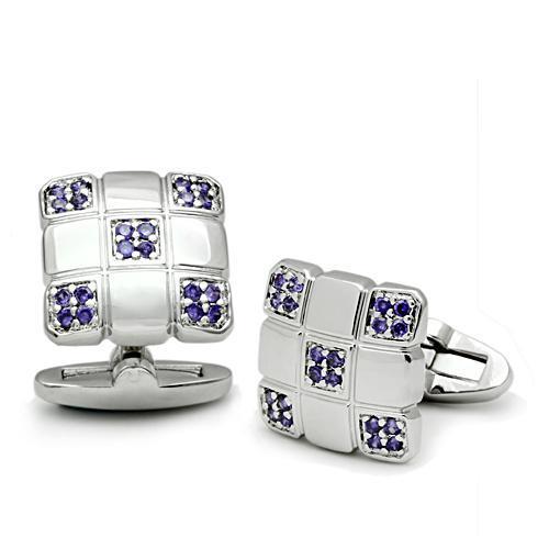 LO2296 Rhodium Brass Cufflink featuring AAA Grade CZ in Amethyst, showcasing its elegant design and rich color.