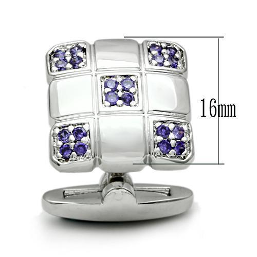 LO2296 Rhodium Brass Cufflink featuring AAA Grade CZ in Amethyst, showcasing its elegant design and rich color.