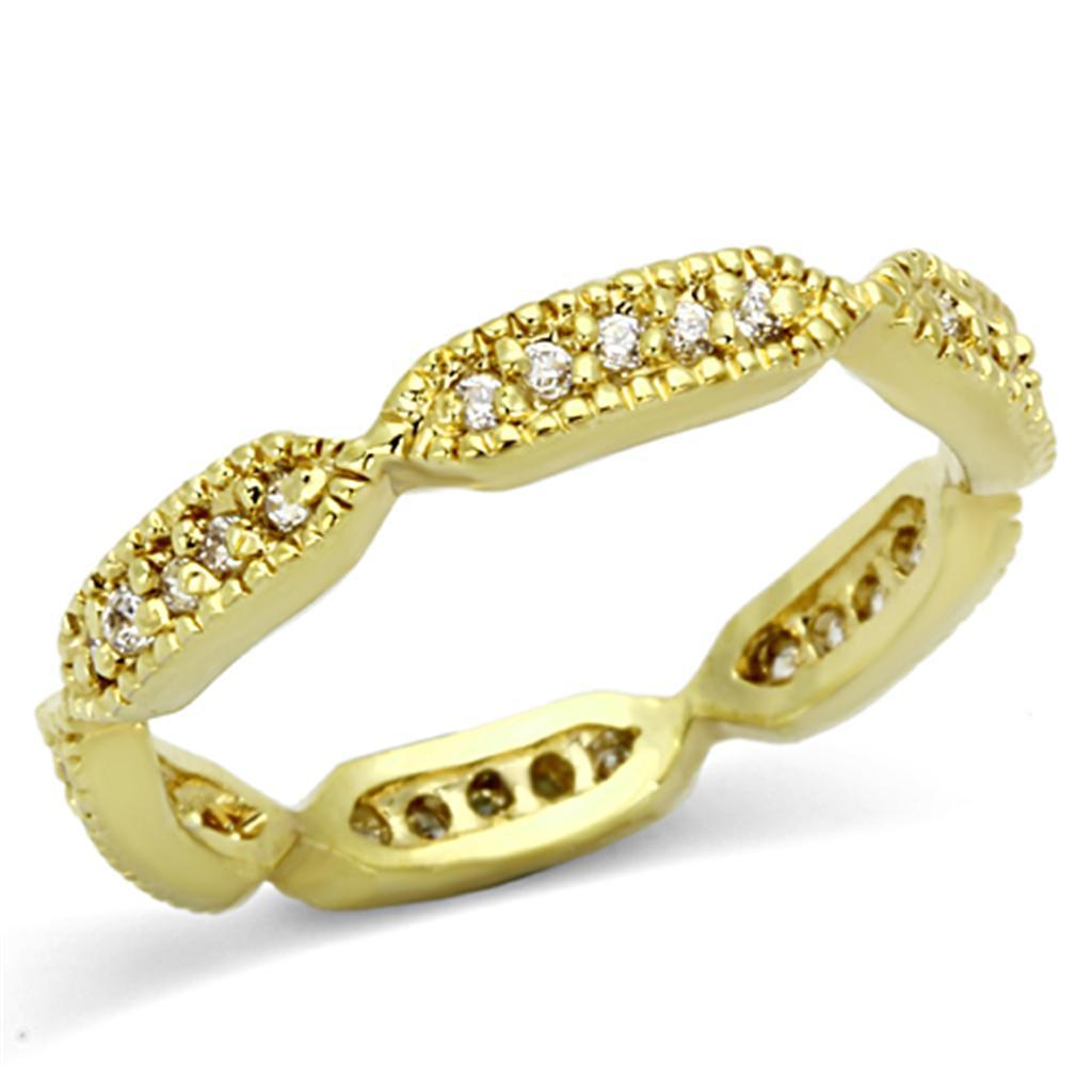 LO3001 Gold Brass Ring featuring a clear AAA Grade CZ stone, showcasing its elegant design and luxurious gold finish.