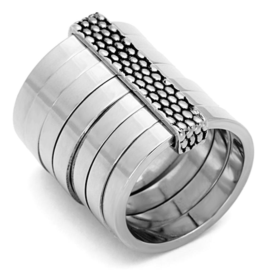 LO3014 Rhodium Brass Ring featuring a sleek design with a jet epoxy stone, showcasing its elegant rhodium plating.