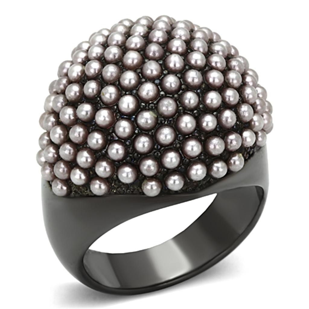 LO3019 TIN Cobalt Black Brass Ring featuring a synthetic light amethyst pearl, showcasing its elegant design and modern finish.