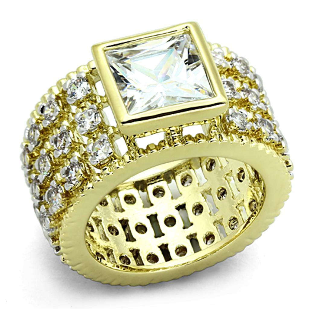 LO3002 Gold and Rhodium Brass Ring featuring a clear AAA Grade CZ center stone, showcasing elegance and sophistication.