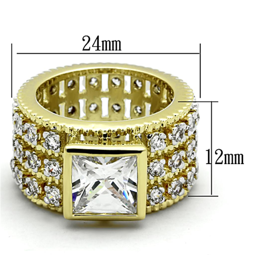 LO3002 Gold and Rhodium Brass Ring featuring a clear AAA Grade CZ center stone, showcasing elegance and sophistication.