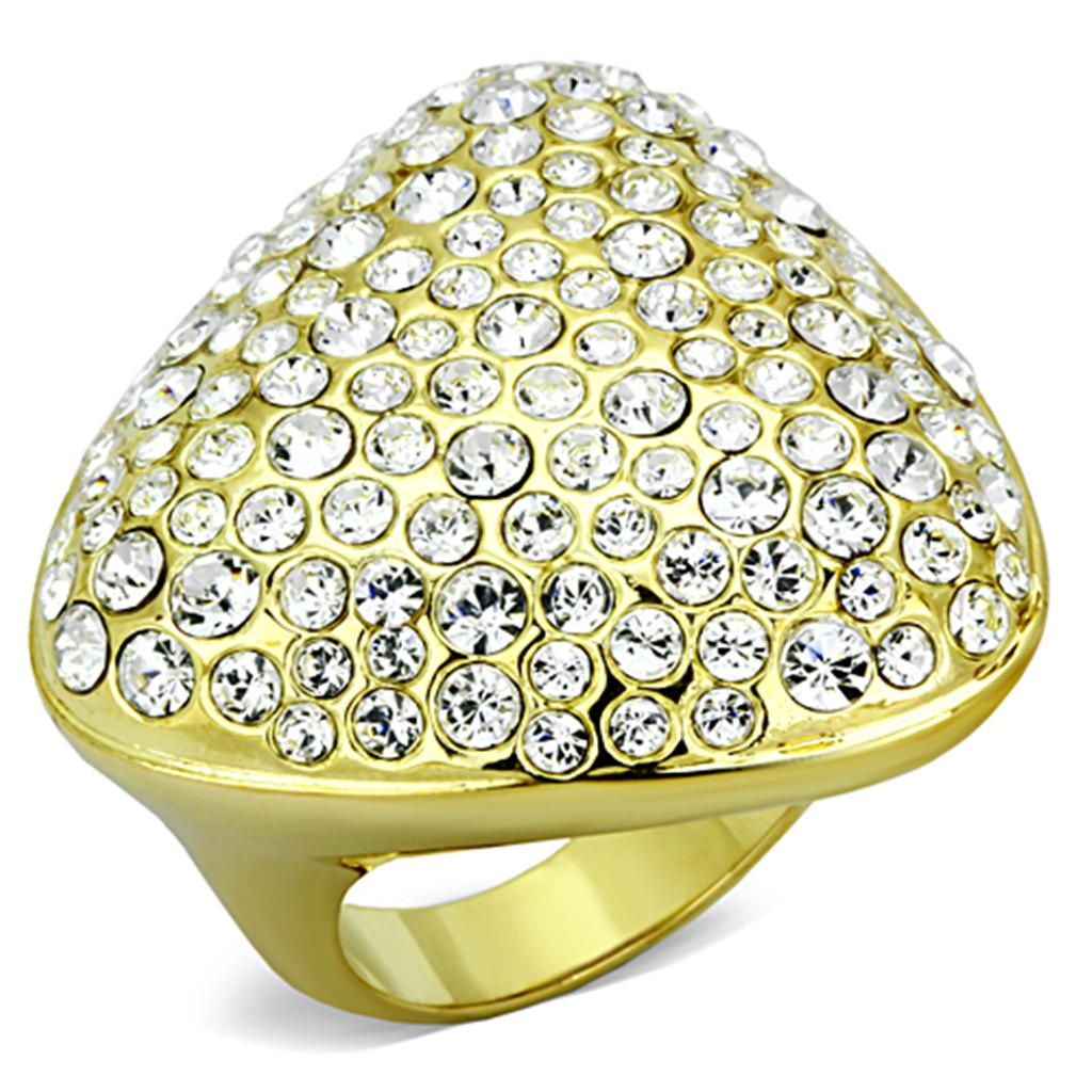LO3024 Gold Brass Ring featuring a clear top grade crystal, showcasing its elegant design and luxurious finish.