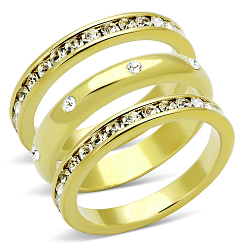 LO3061 Gold Brass Ring featuring a sparkling top grade clear crystal centerpiece, elegantly designed for any occasion.