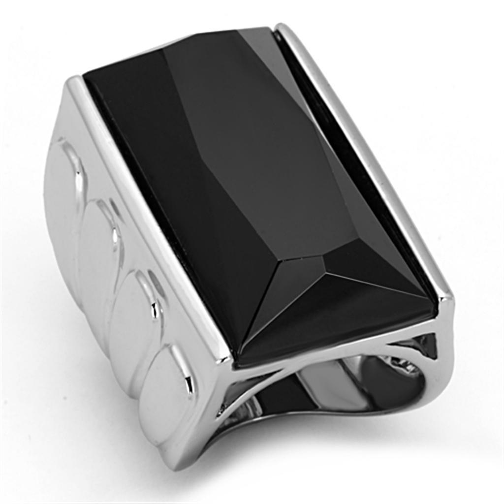 LO3009 Rhodium Brass Ring featuring AAA Grade CZ in Black Diamond, showcasing its elegant design and luxurious finish.