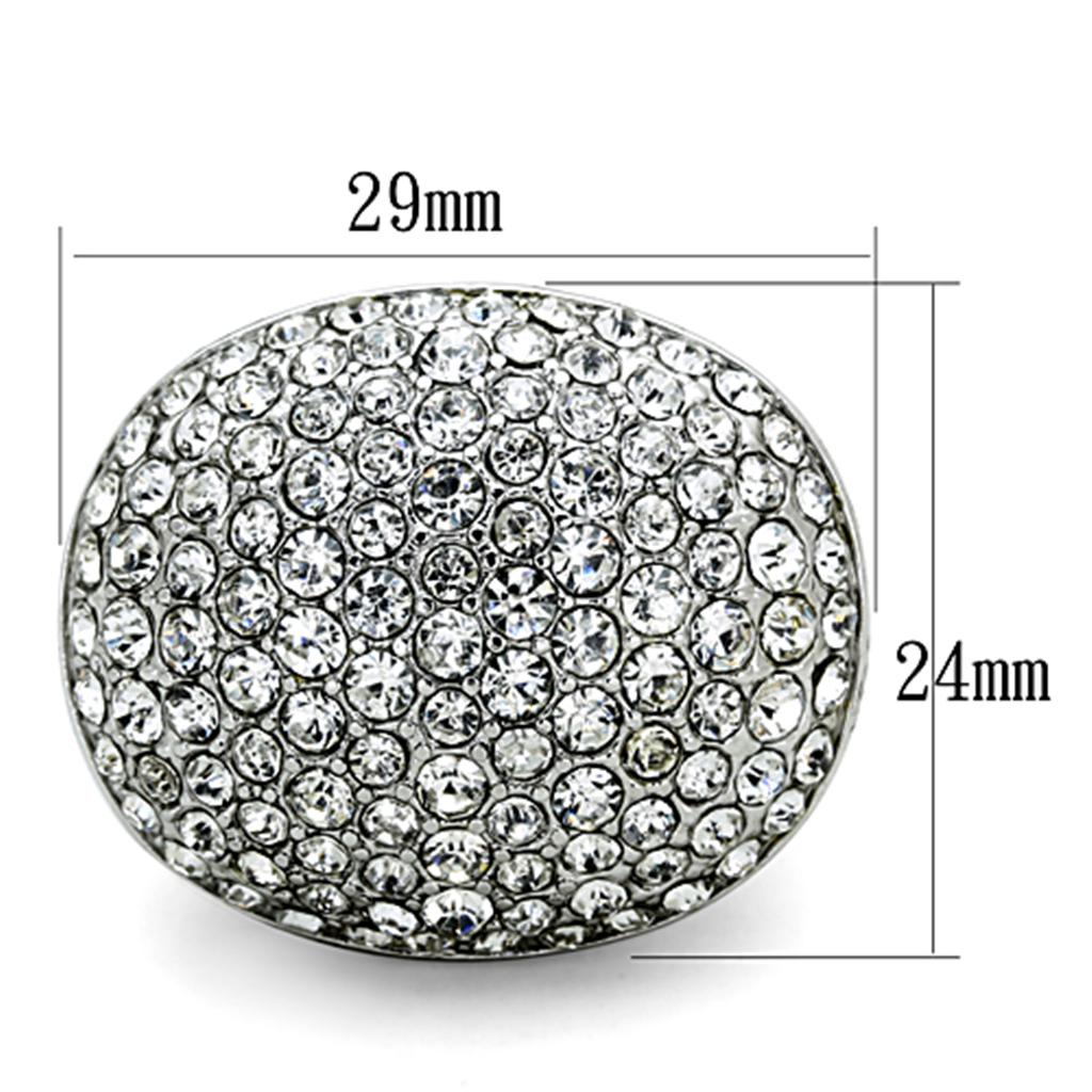 LO3149 Rhodium Brass Ring featuring a clear top grade crystal, showcasing its elegant design and luxurious finish.