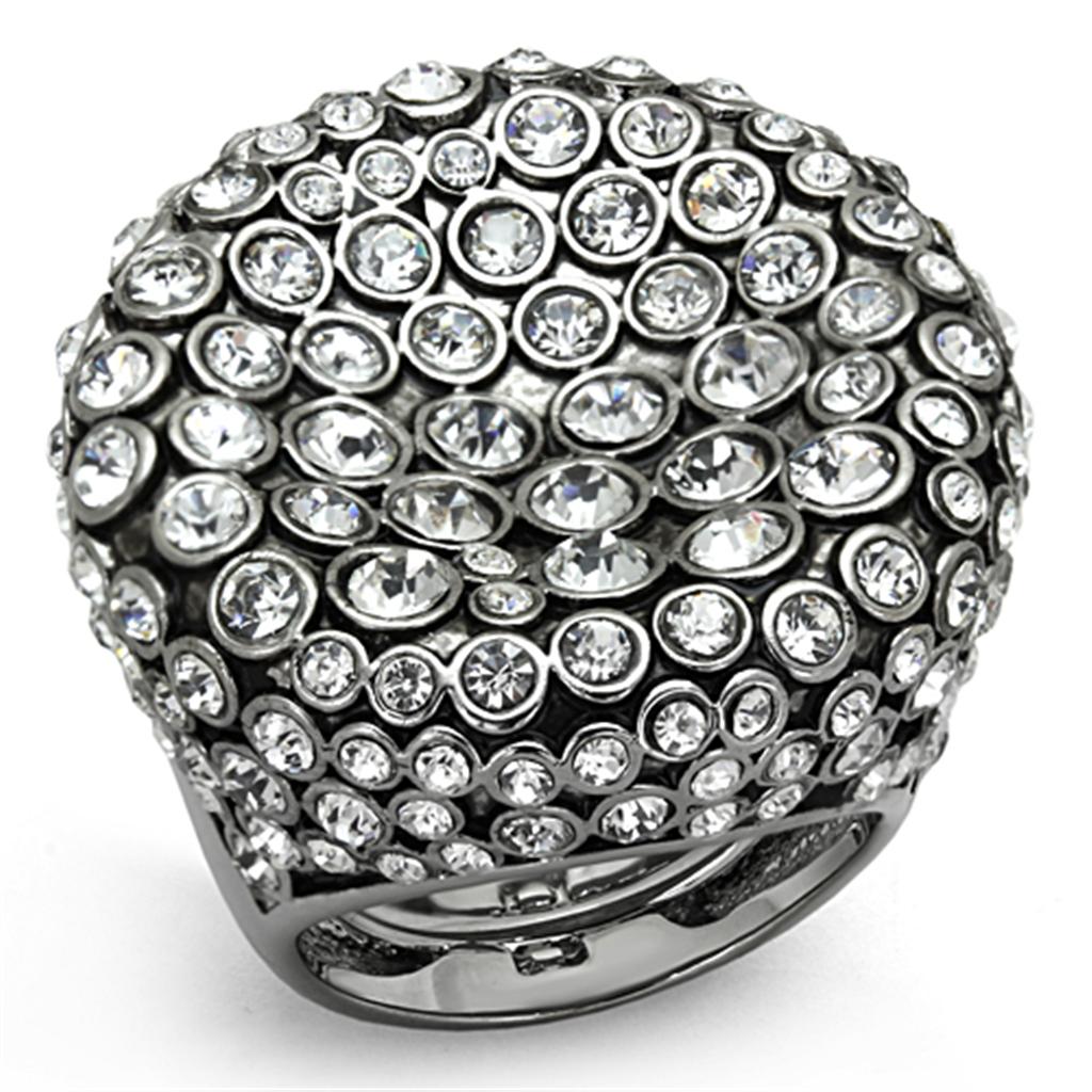 LO3152 Imitation Rhodium Brass Ring featuring a clear top-grade crystal, showcasing its elegant design and shiny finish.