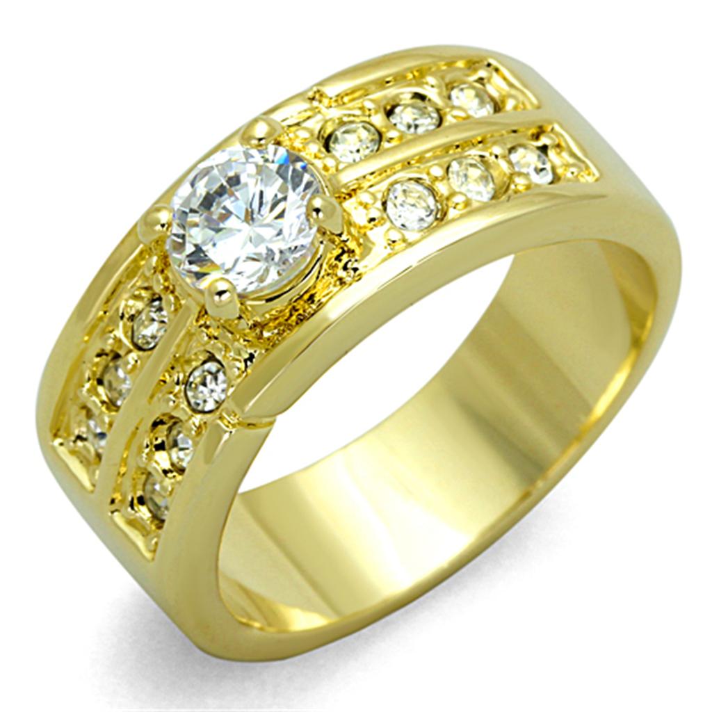 LO3218 Gold Brass Ring featuring a clear AAA Grade CZ stone, showcasing its elegant design and luxurious gold finish.