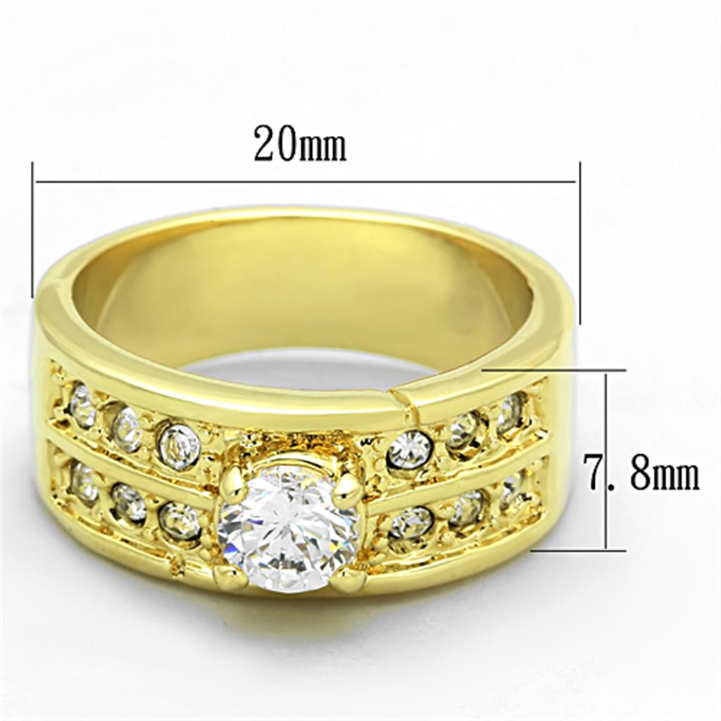 LO3218 Gold Brass Ring featuring a clear AAA Grade CZ stone, showcasing its elegant design and luxurious gold finish.