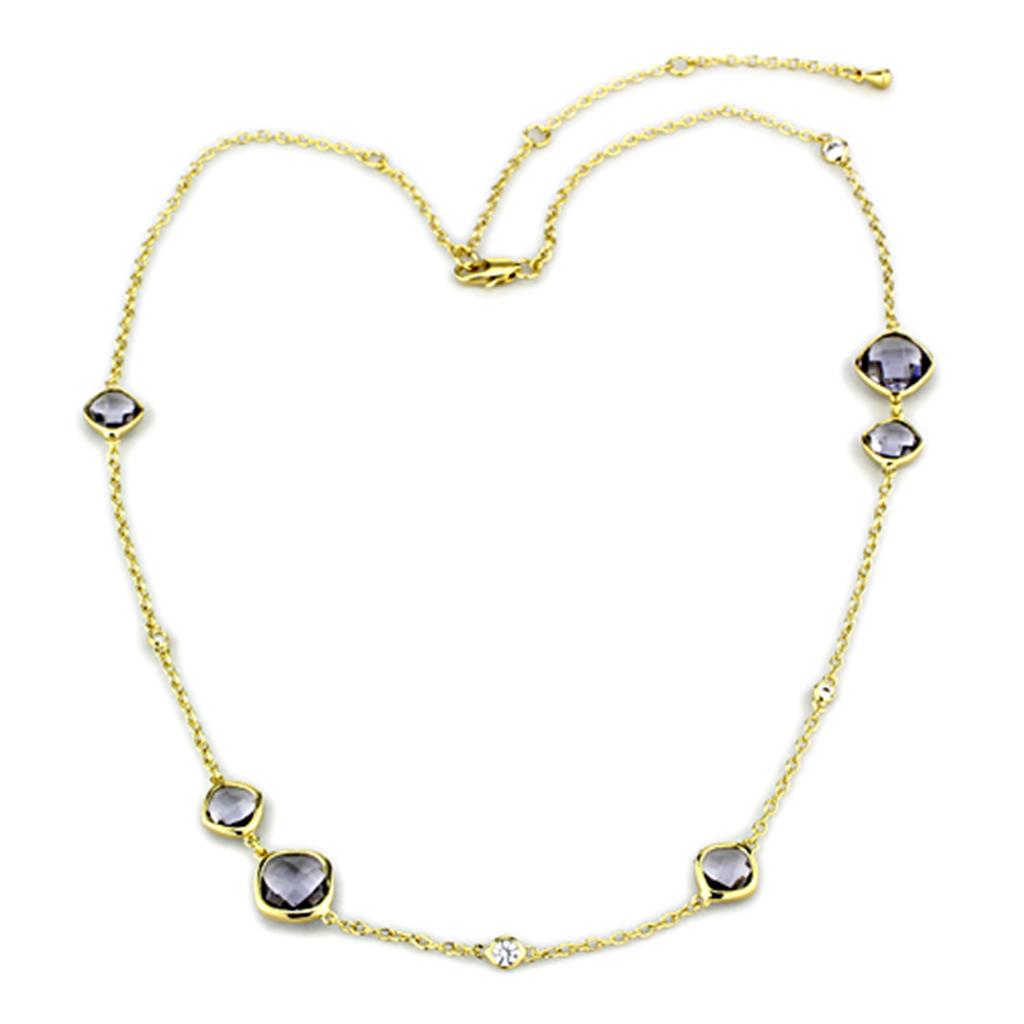 LO3235 Gold Brass Necklace featuring a synthetic glass stone in amethyst color, elegantly designed for any occasion.