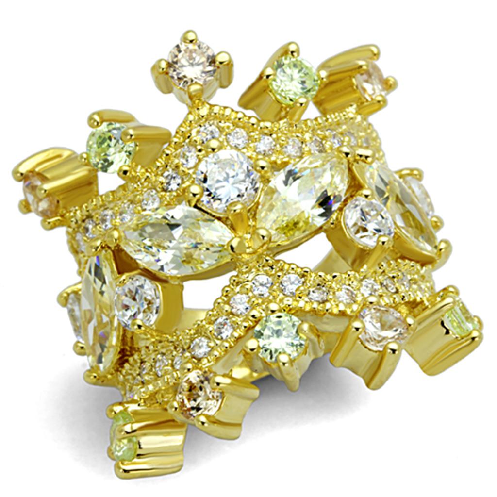 LO3247 Gold Brass Ring featuring a clear AAA Grade CZ stone, showcasing its elegant design and luxurious gold finish.