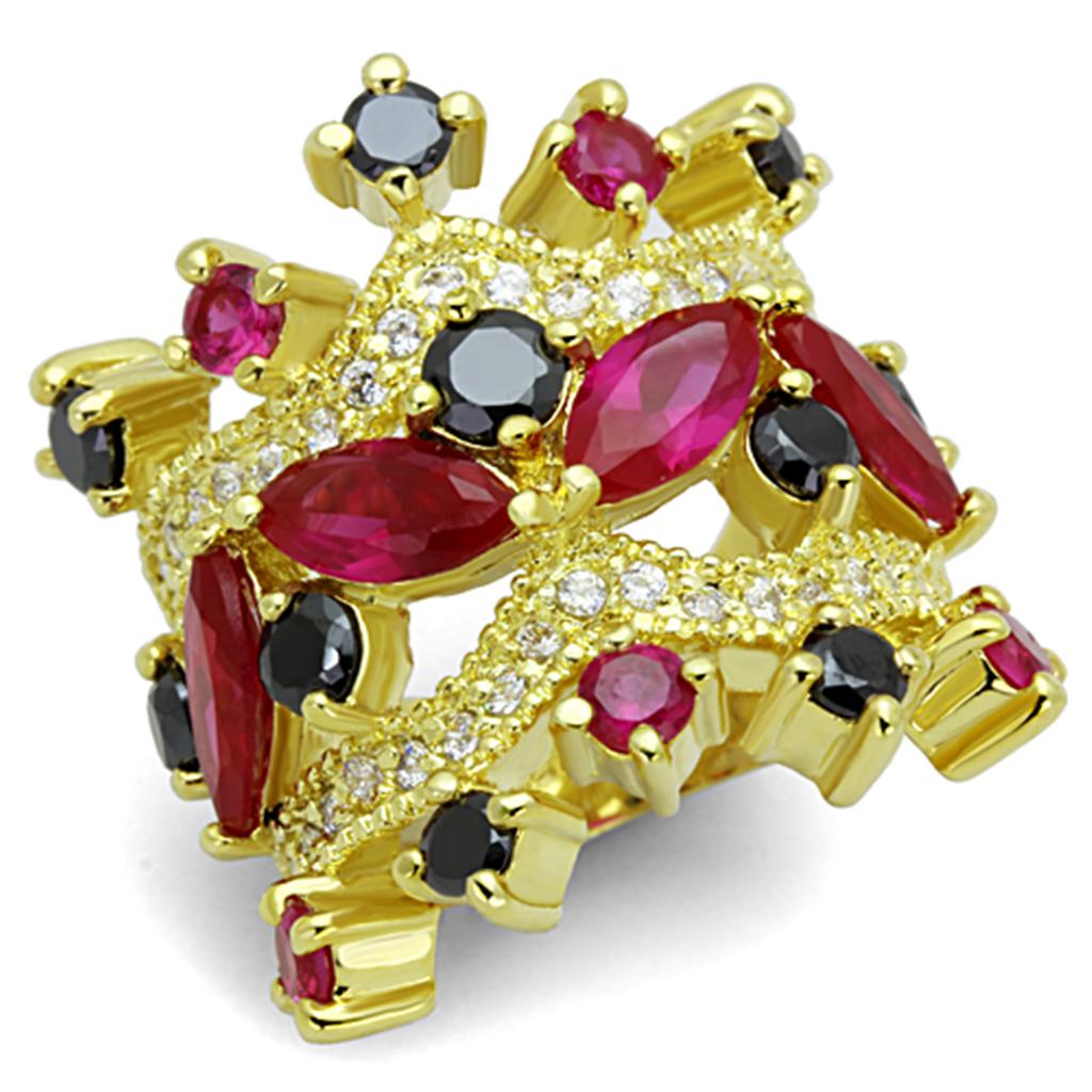 LO3252 Gold Brass Ring featuring AAA Grade CZ in vibrant multi colors, showcasing its elegant design and sparkling center stone.