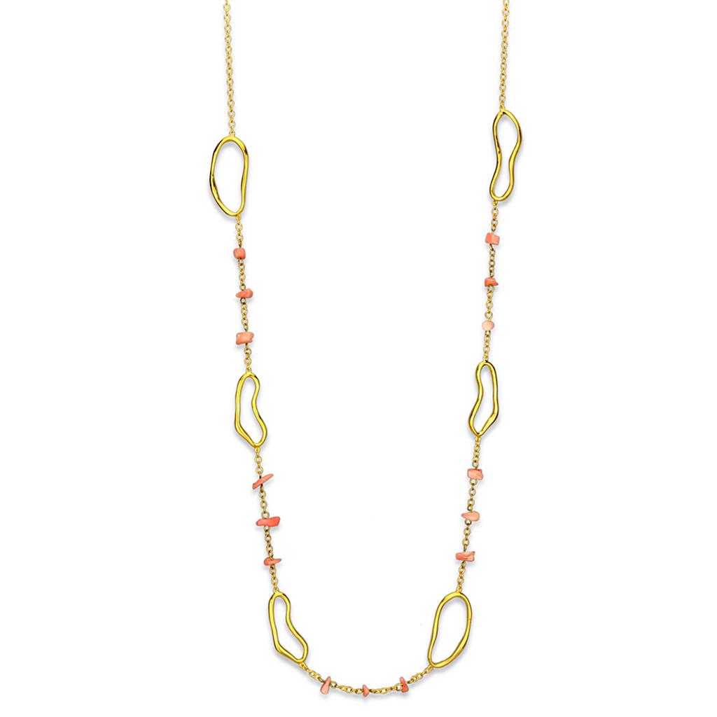 LO3340 Gold Brass Necklace featuring semi-precious rose coral stone, elegantly designed for versatile wear.