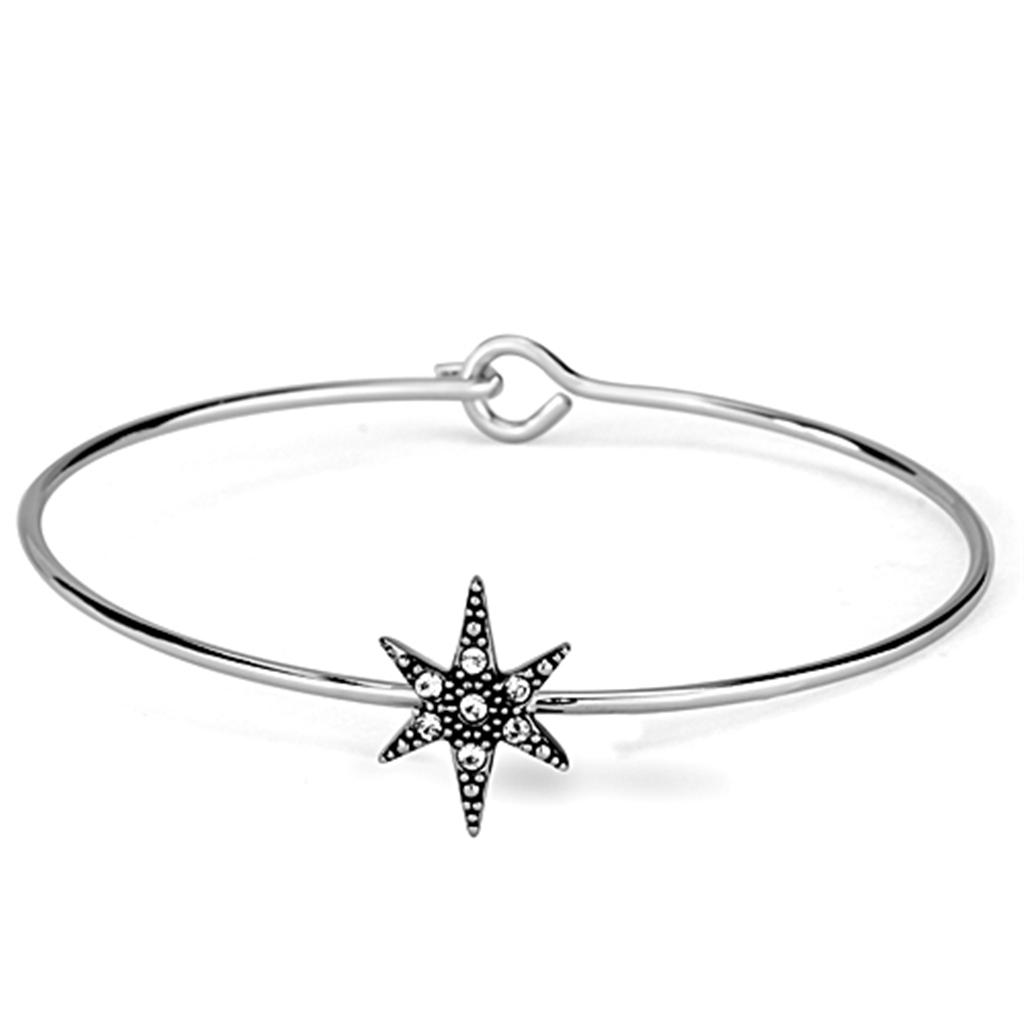 LO3440 Rhodium Brass Bangle featuring a clear top grade crystal, showcasing its elegant design and shiny finish.