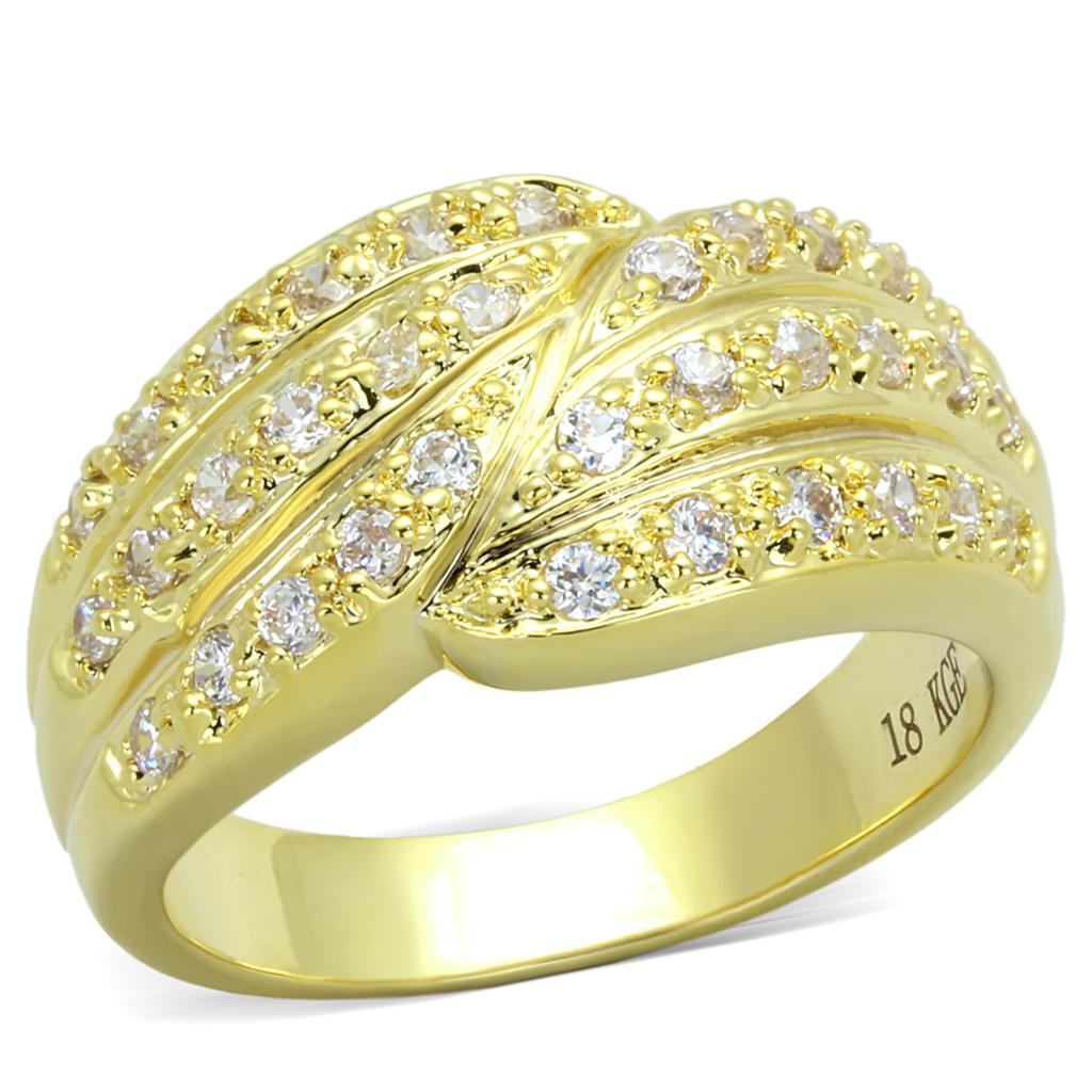 LO3402 Gold Brass Ring featuring a clear AAA Grade CZ stone, showcasing its elegant design and luxurious gold finish.