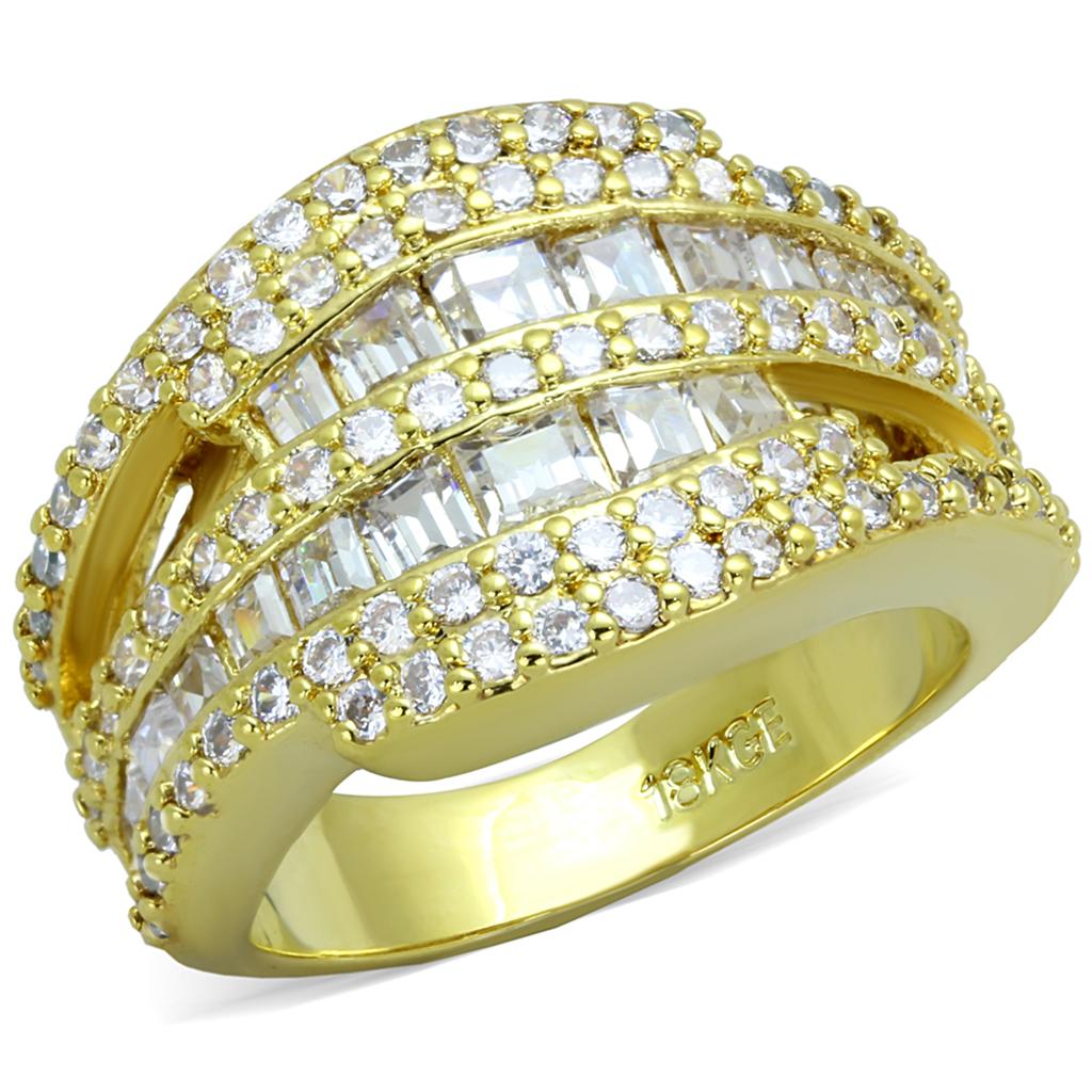 LO3407 Gold Brass Ring featuring a clear AAA Grade CZ stone, showcasing its elegant design and luxurious gold finish.