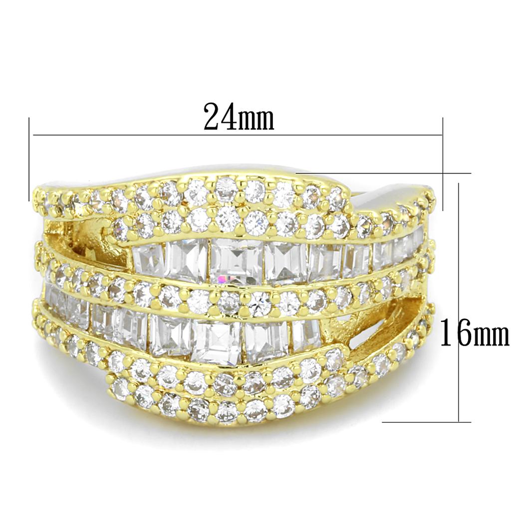 LO3407 Gold Brass Ring featuring a clear AAA Grade CZ stone, showcasing its elegant design and luxurious gold finish.