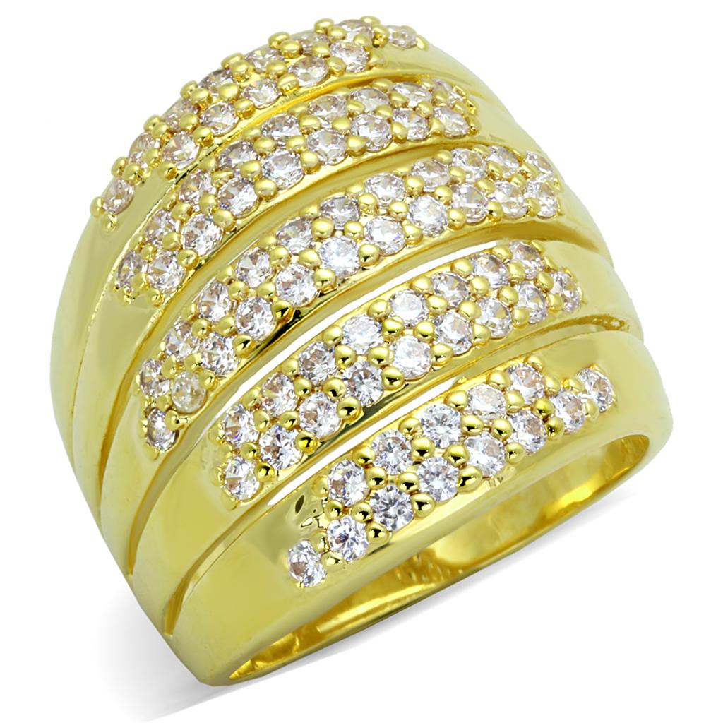 LO3408 Gold Brass Ring featuring a clear AAA Grade CZ stone, showcasing its elegant design and luxurious finish.