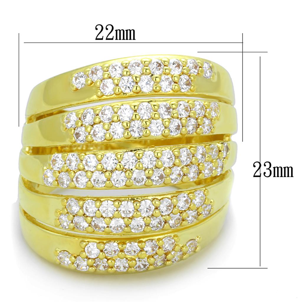 LO3408 Gold Brass Ring featuring a clear AAA Grade CZ stone, showcasing its elegant design and luxurious finish.
