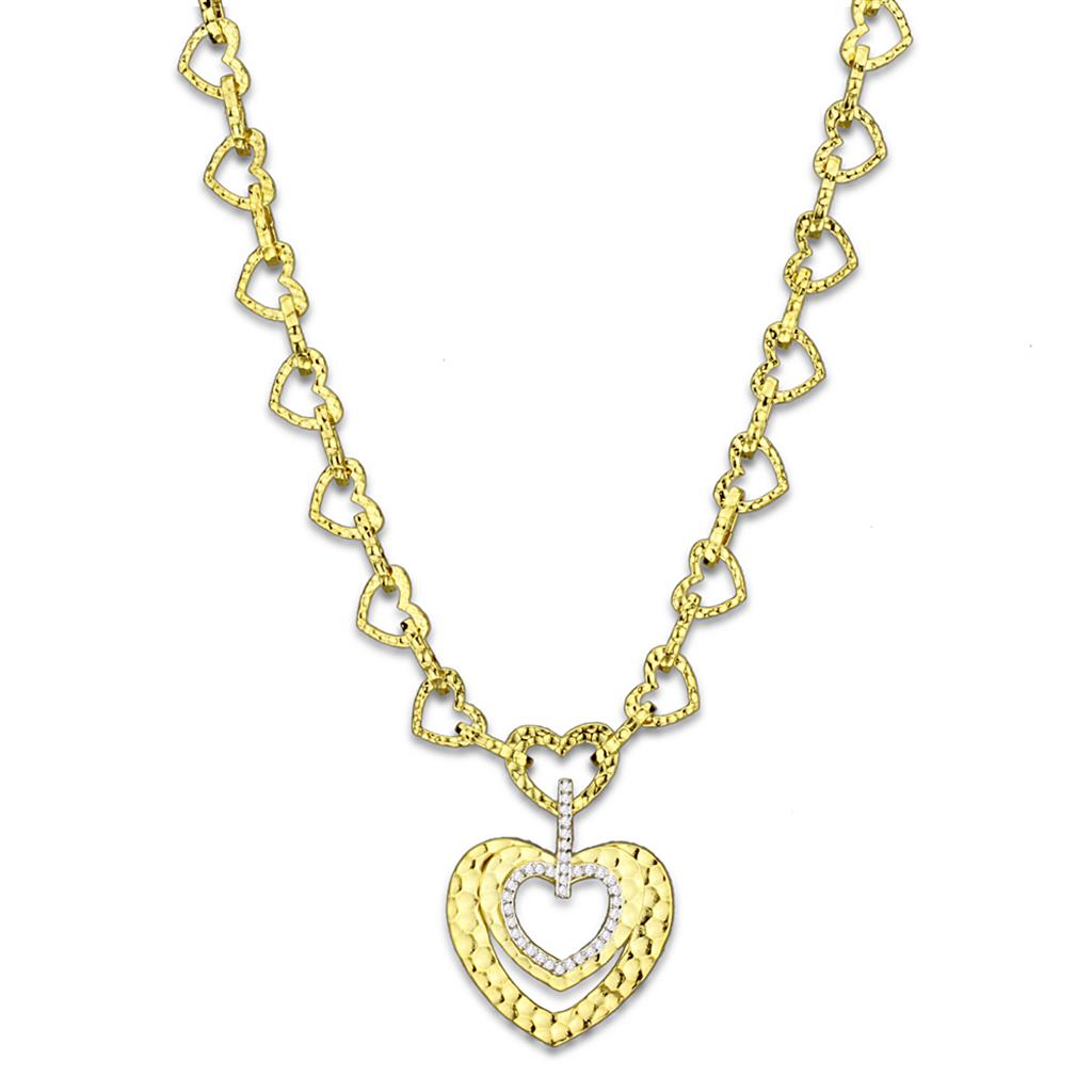 LO3341 Gold Brass Necklace featuring a clear AAA Grade CZ stone, elegantly designed for versatile wear.