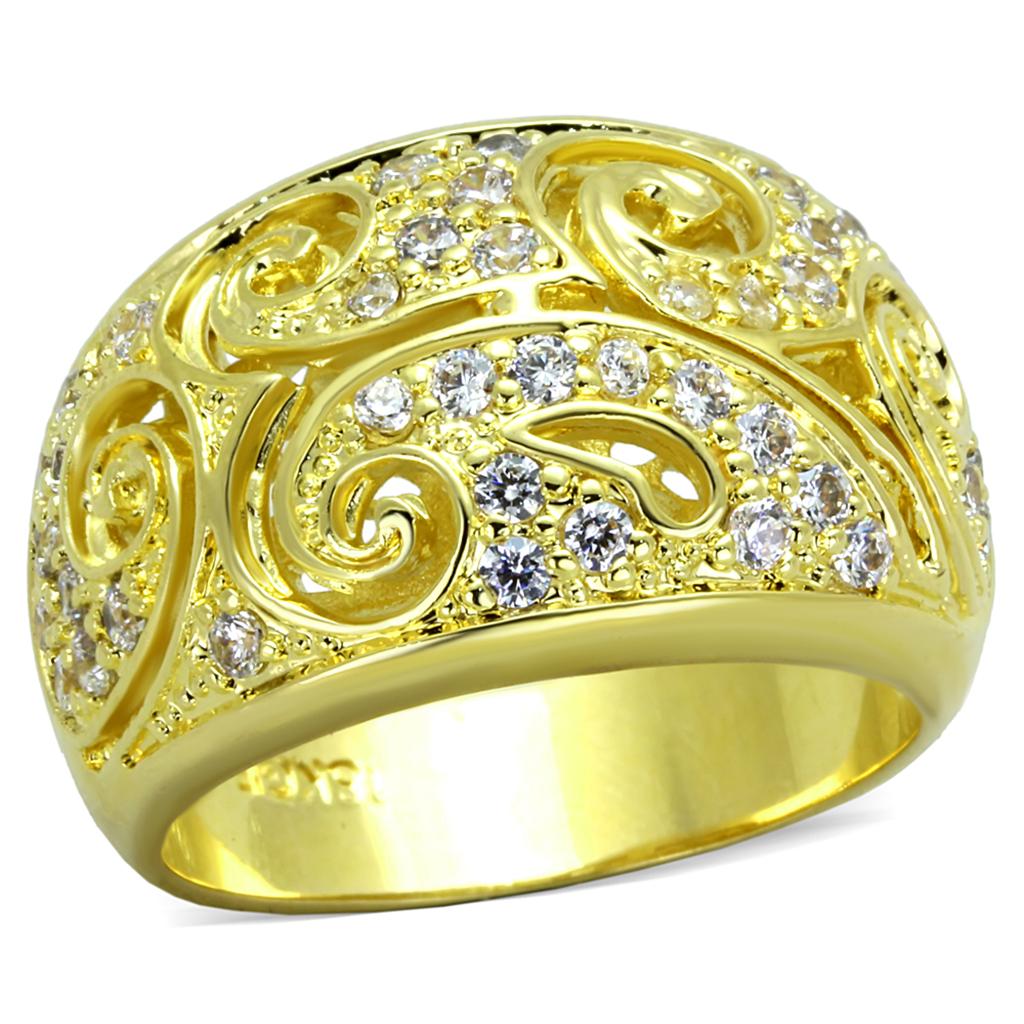LO3342 Gold Brass Ring featuring a clear AAA Grade CZ stone, showcasing elegant design and luxurious gold finish.