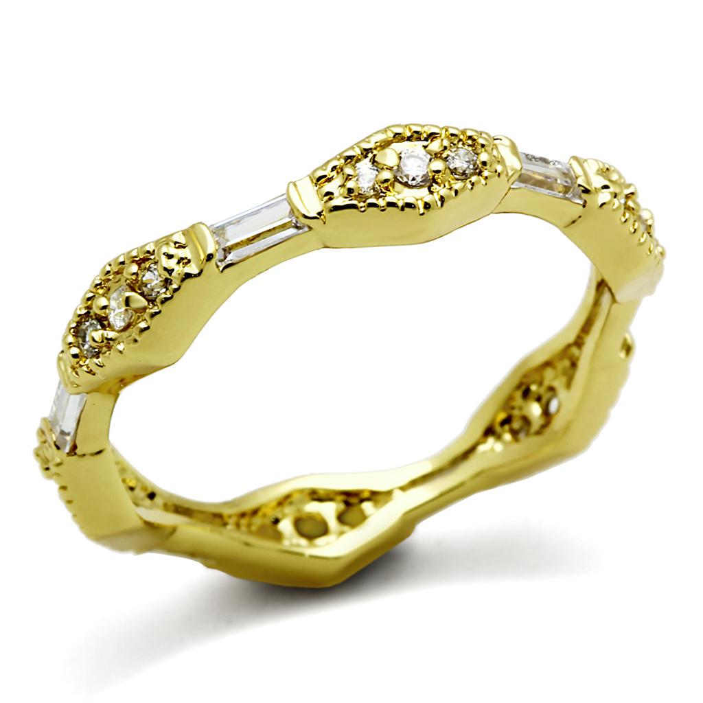 LO3552 Gold Brass Ring featuring a clear AAA Grade CZ stone, showcasing a luxurious gold finish and elegant design.