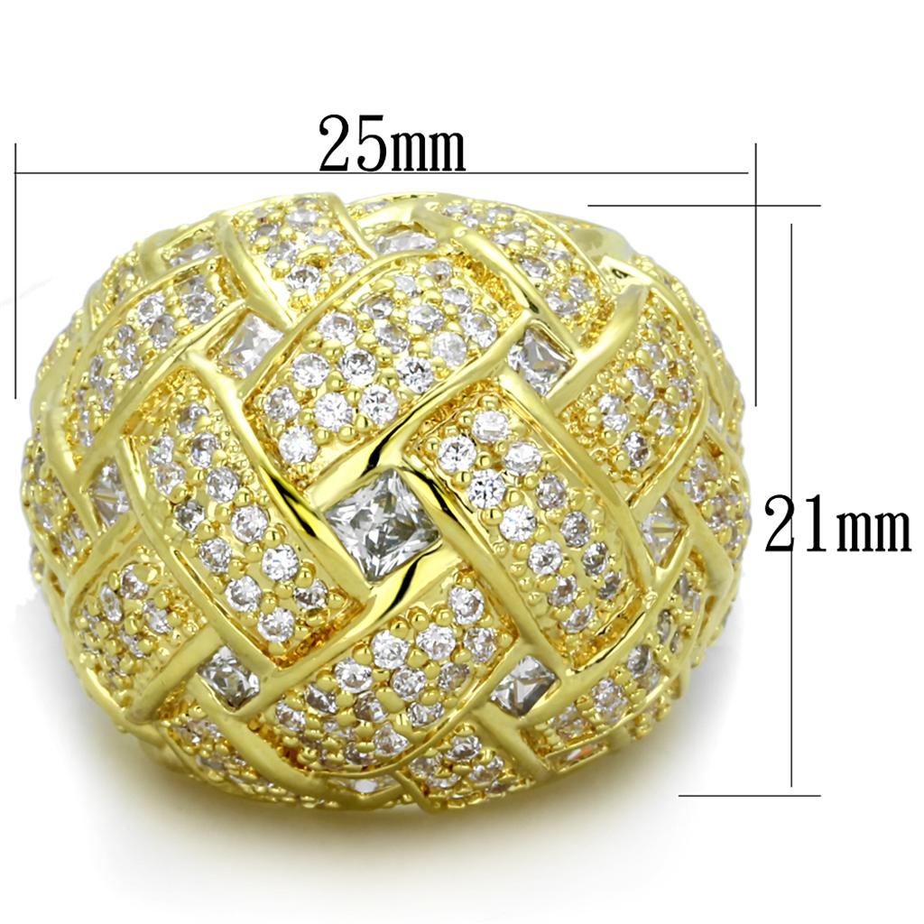 LO3353 Gold Brass Ring featuring a clear AAA Grade CZ stone, showcasing its elegant design and luxurious finish.
