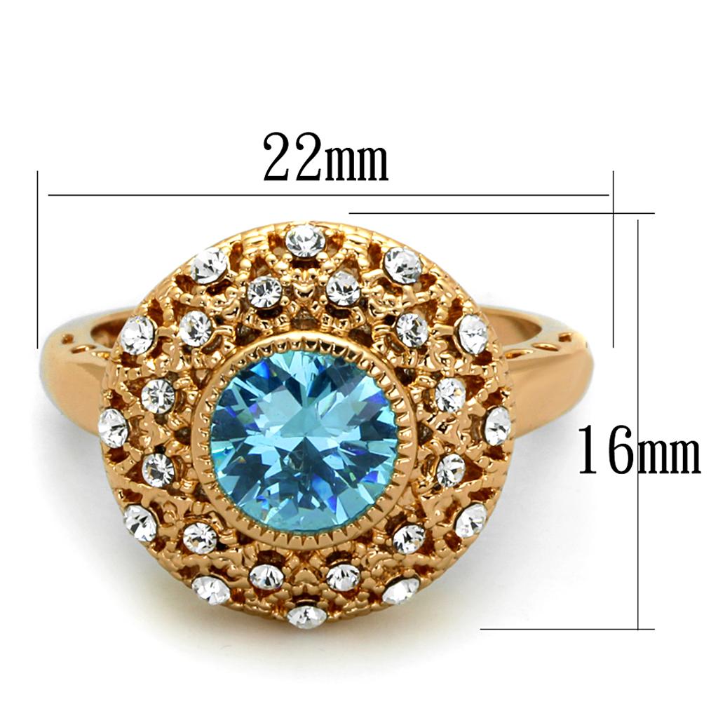 LO3535 Rose Gold Brass Ring featuring AAA Grade CZ in Sea Blue, showcasing its elegant design and vibrant color.