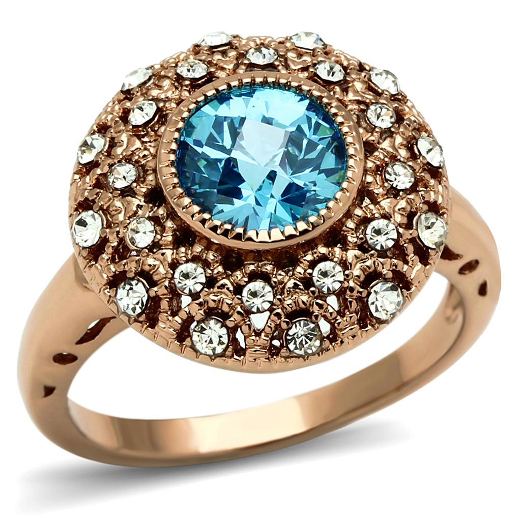 LO3535 Rose Gold Brass Ring featuring AAA Grade CZ in Sea Blue, showcasing its elegant design and vibrant color.