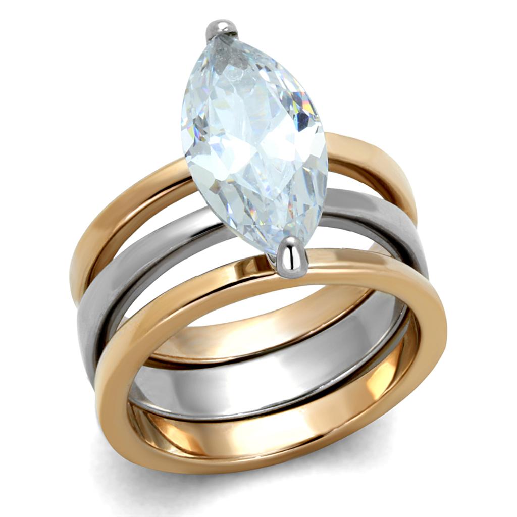 Two-tone IP rose gold stainless steel ring featuring AAA grade clear CZ stone, elegantly designed for a luxurious look.