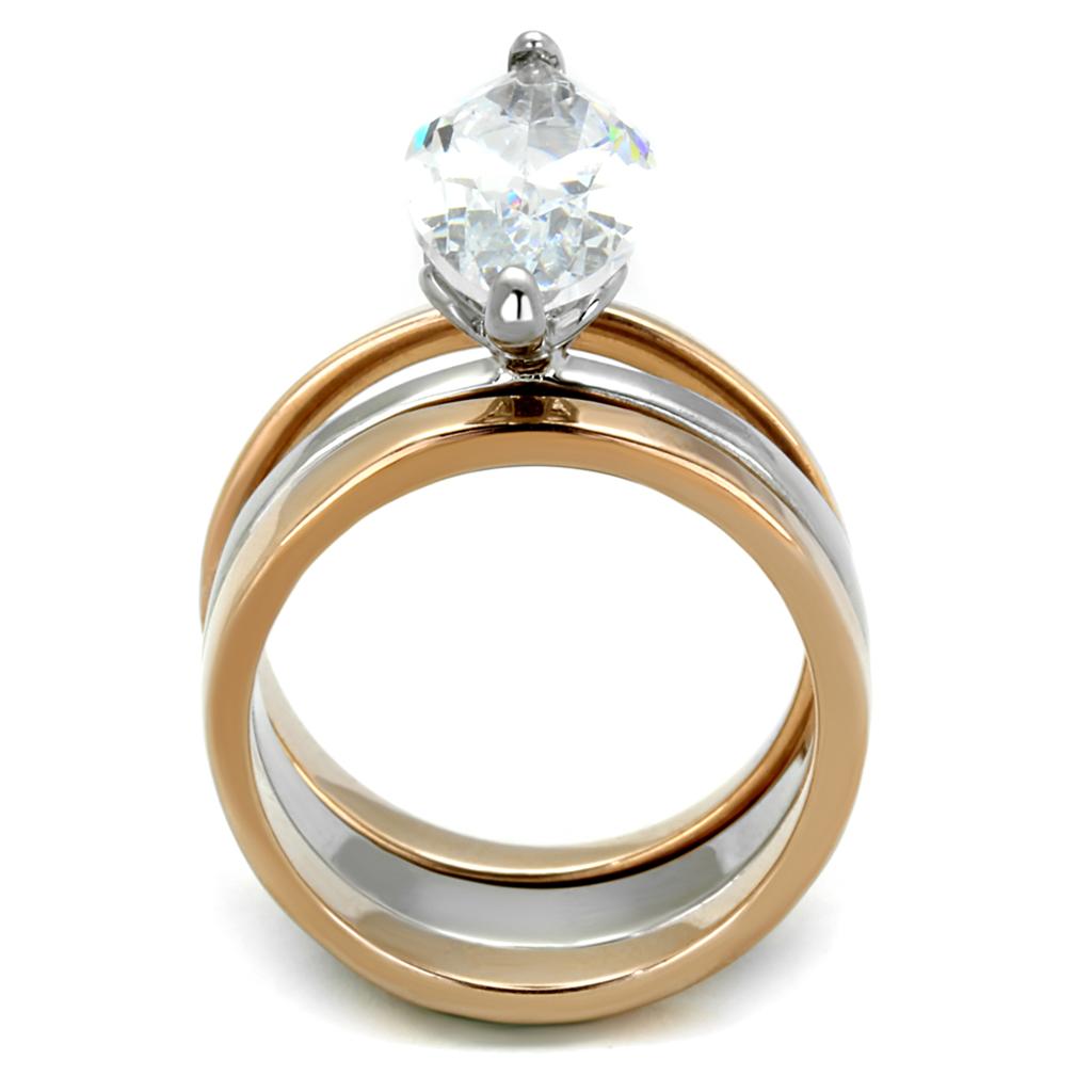 Two-tone IP rose gold stainless steel ring featuring AAA grade clear CZ stone, elegantly designed for a luxurious look.