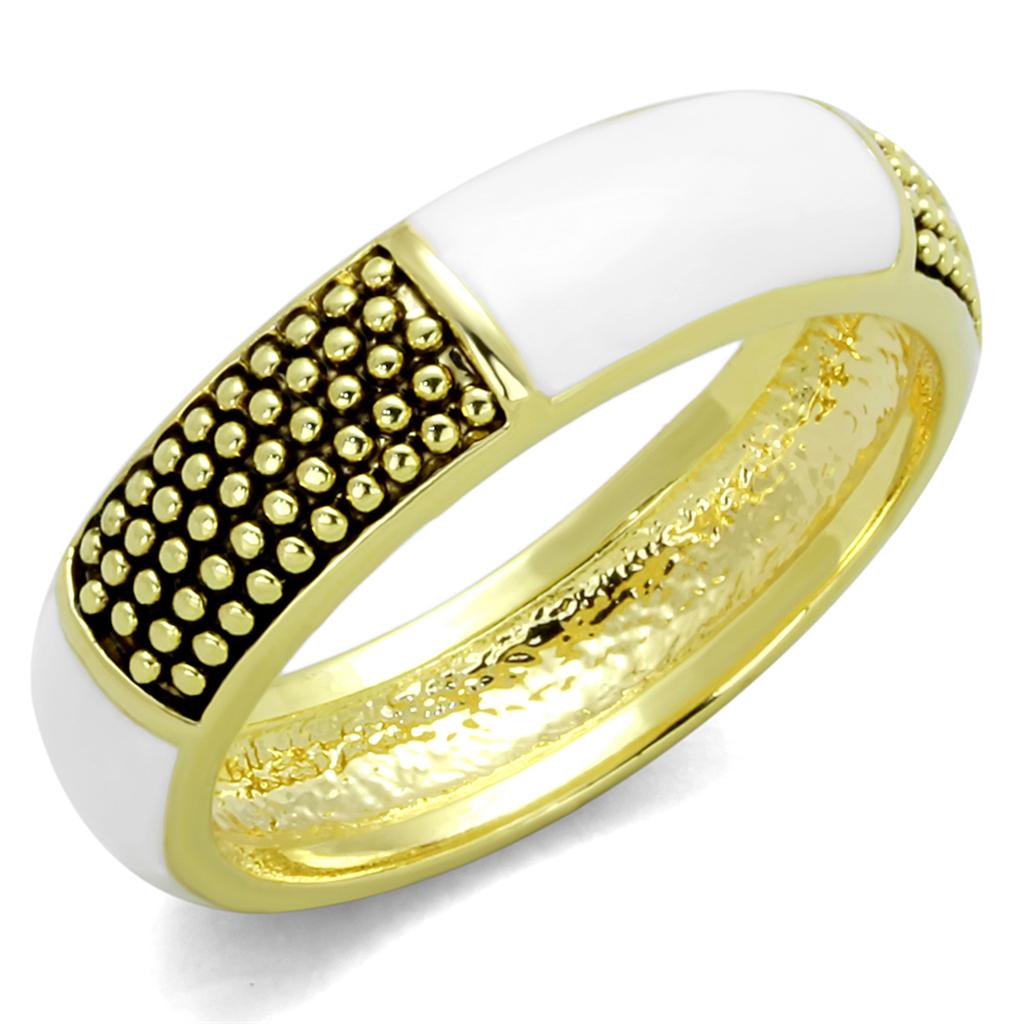 LO3548 Gold Brass Ring featuring a white epoxy center stone, showcasing elegant design and craftsmanship.