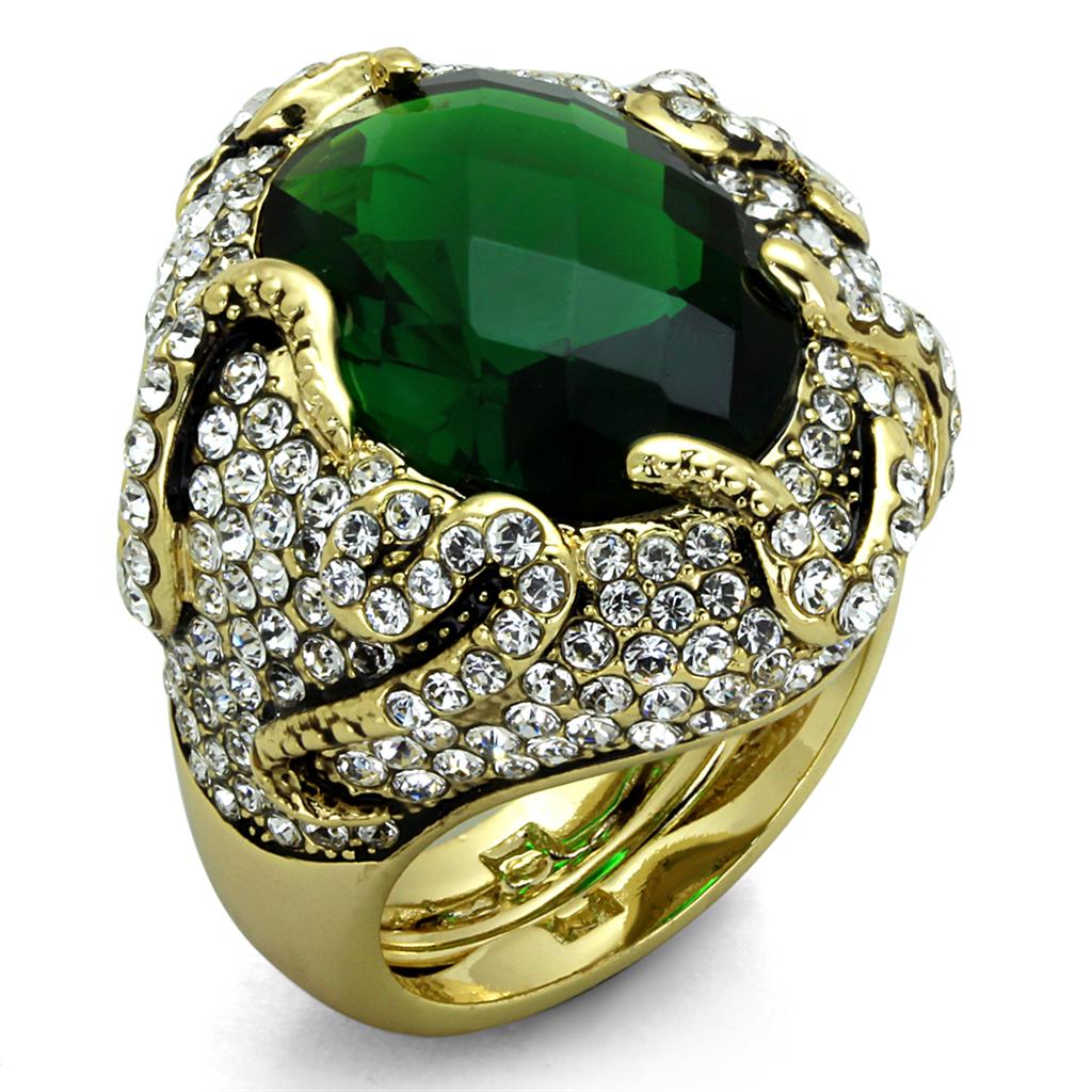 LO3588 Flash Gold Brass Ring featuring an emerald synthetic glass center stone, showcasing its elegant design and luxurious finish.