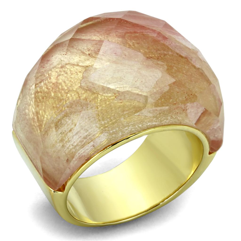 LO3582 Gold Brass Ring featuring a light peach synthetic glass stone, showcasing its elegant design and luxurious finish.