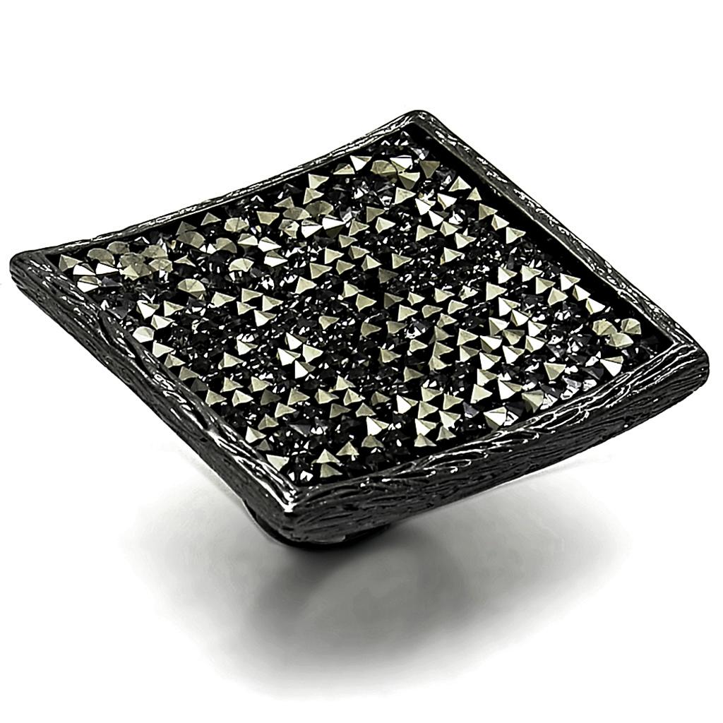 LO3589 TIN Cobalt Black Brass Ring featuring a light gray top grade crystal, showcasing its elegant design and modern finish.